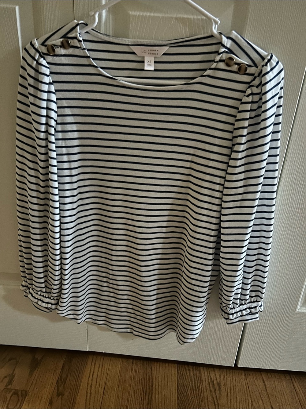 LC Lauren Conrad White and Navy Striped Long-Sleeve Top with Button Detail